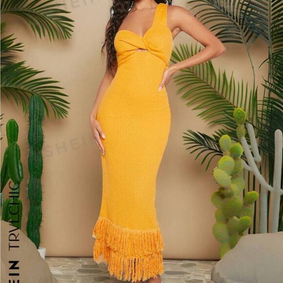 SHEIN Mustard Yellow Fringe Knit Maxi Dress Sz S NWT - Picture 1 of 12